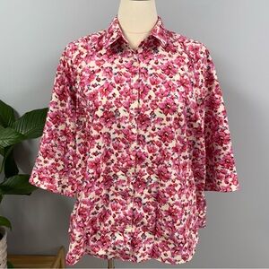 Lands End Blouse Button Up Womens Plus 24W Pink Poppy No Iron Supima 3/4 Sleeve